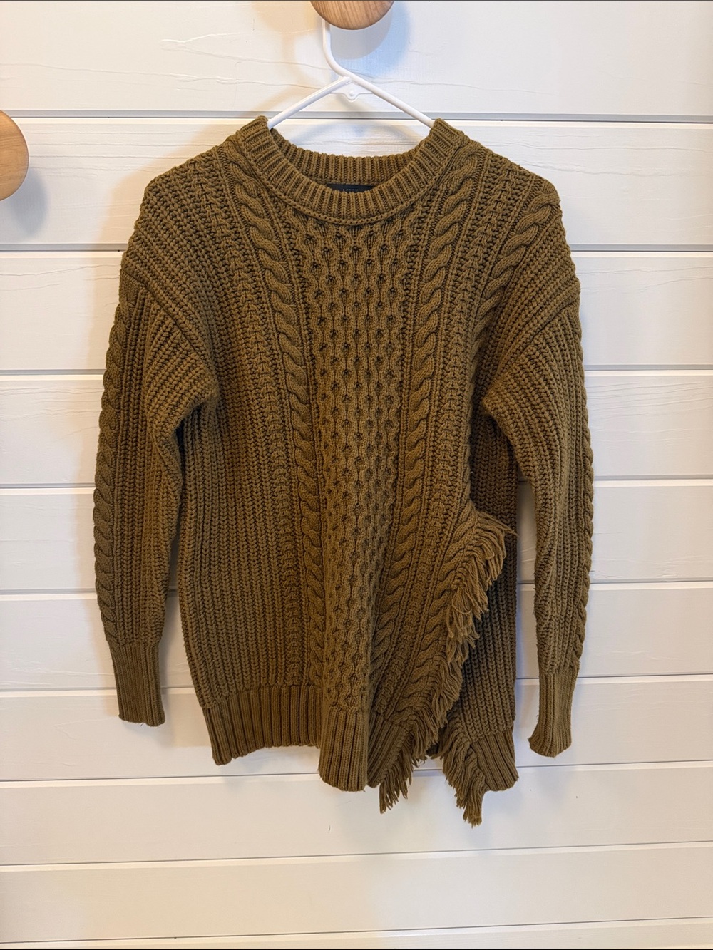 J. Crew Cable-Knit Crewneck Tunic Sweater with Side Slit and Fringe in Olive